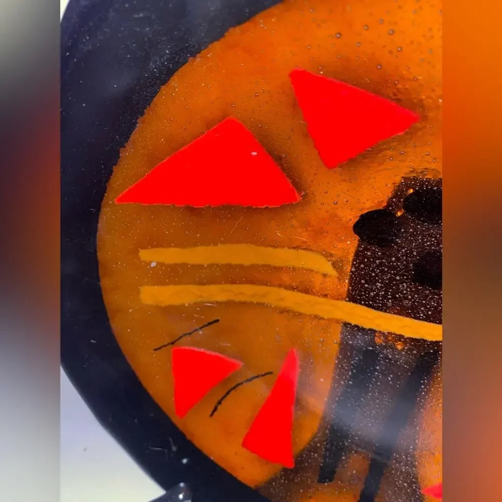 Fused Glass 10” Bowl Gold Red Blk Rim Geometric MCM no chips or cracks